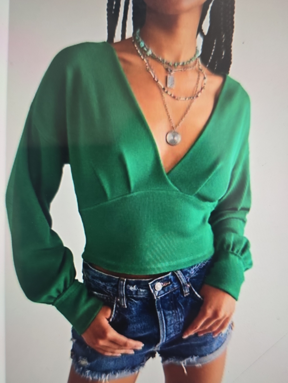 We The Free Emerald Green V-Neck Cropped Sweater S